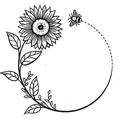 a black and white drawing of a sunflower with a bee on it's side