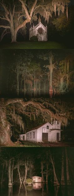 an old house sitting on top of a body of water next to trees with moss hanging from them