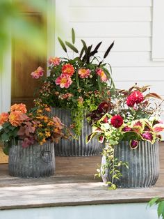 three vases filled with different types of flowers sitting on a step next to a door