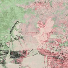 a drawing of a frog and a fairy sitting on top of a rock in the water