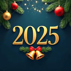 a blue background with gold numbers and christmas decorations on the bottom right hand corner that says 205