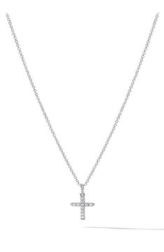 18K yellow and white gold. Pavé diamonds, 0.07 total carat weight. Chain, 1.1mm wide, adjustable. Lobster clasp. Made in the USA. >Diamond Guide Diamond White Cross Pendant Necklace With Pave Setting, Diamond White Necklace With Pave Setting Cross Pendant, White Gold Cross Pendant With Adjustable Chain, Timeless Diamond Cross Pendant Jewelry, Classic Single Cut Diamond Cross Pendant Jewelry, White Gold Cross Pendant With Diamond Accents, Anniversary Necklace With Pave Setting Cross Pendant, Diamond Pendant Jewelry With Adjustable Chain, Anniversary Cross Pendant Necklace With Pave Setting