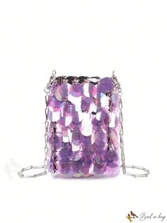 BirdinBag - Compact Square Sequin Bag with Chain Strap - Metallic Finish Party Crossbody Shoulder Bag With Chain, Square Shoulder Bag With Chain Strap For Party, Square Party Shoulder Bag With Chain Strap, Trendy Party Bags With Chain Detail, Purple Shoulder Bag With Chain Strap, Purple Crossbody Shoulder Bag For Party, Trendy Clutch Phone Bag For Party, Purple Crossbody Bag With Chain Strap, Trendy Party Clutch Phone Bag