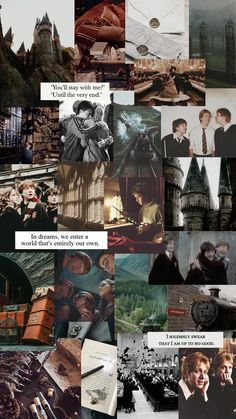 harry potter collage with hogwart's houses and other things in the background