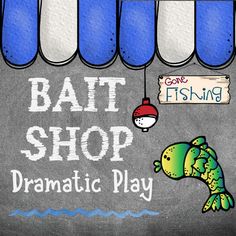 a drawing of a fish in front of a storefront with the words bat shop dramatic play on it