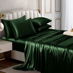 PRICES MAY VARY. ❤Affordable & Luxury Satin Sheet Set: King size satin sheet set includes 1 flat sheet 108" x 102", 1 fitted sheet 80" x 78" and 4 pillow cases 20" x 40". Deep pocket fits mattresses up to 16" thick. Elastic all around makes that the satin bed sheets will not loosen up no matter what. A beautiful and fine glossy adds an elegant and advanced style to your room. ❤100% Polyester Satin Sheets: Emerald green satin sheets are made of 100% polyester fiber (satin fabric), soft and smooth Silky Bedding, Satin Bed, Sheets Bed, Queen Bed Sheets, King Bed Sheets, Queen Size Sheets, King Size Sheets, Satin Bedding, Satin Sheets