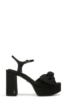 A voluminous bow details the vamp of a statement-making sandal lifted by a chunky platform and soaring block heel. 3 3/4" heel; 1 1/4" platform Adjustable ankle strap with buckle closure Textile upper and lining/rubber sole Imported Elegant Sandals With Chunky Platform And Block Heel, Evening Chunky Platform Block Heels, Chunky Platform Block Heels For Evening, Evening Chunky Platform Open Heel, Evening Chunky Platform Heels With Open Heel, Evening Block Heels With Chunky Platform, Formal Sandals With Chunky Platform And Block Heel, Elegant Evening Sandals With Chunky Platform, Block Heel Bow Heels For Evening