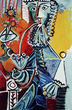 an abstract painting of a woman with flowers in her hair and holding a vase on the table