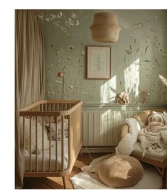 a baby's room with a crib, chair and bed