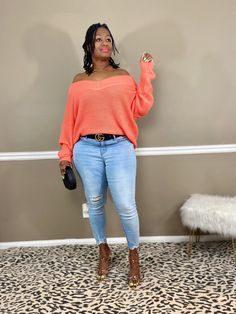 How to style a plus size sweater for ladies Spring V-neck Soft Knit Stretch Sweater, Trendy Off-shoulder Ribbed Sweater, Casual Off-shoulder Sweater For Loungewear, Trendy Stretch Off-shoulder Sweater, Chic Stretch V-neck Sweater For Spring, Trendy Slouchy Spring Sweater, Chic Spring Stretch V-neck Sweater, Spring V-neck Soft Stretch Knit Sweater, Stretch Soft Knit V-neck Sweater For Spring