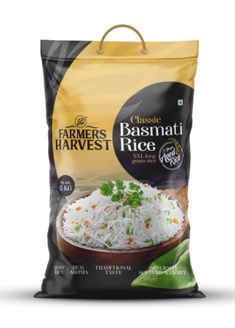 a bag of basmati rice on a white background