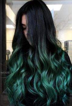 Dark Brown Hair With Green Peekaboos, Dark Hair With Dark Green Highlights, Black Hair With Green Peekaboos, Forest Green Hair Highlights, Hunter Green Hair Color, Emerald Green Highlights In Black Hair, Dark Brown And Dark Green Hair, Ombré Green Hair, Long Black And Green Hair