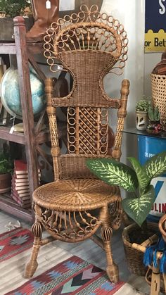 a wicker chair sitting on top of a rug next to a potted plant