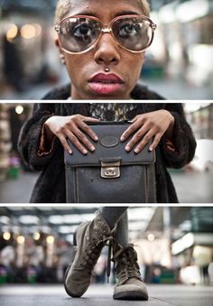 three different shots of a woman with glasses holding a purse and looking at the camera