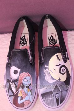 Jack and Sally Vans Custom Painted Nightmare Before Christmas Custom Painted Vans, Painted Converse, Vans Custom, Design Your Own Shoes, Painted Canvas Shoes, Painted Vans, Diy Sneakers, Painted Sneakers, Christmas Shoes