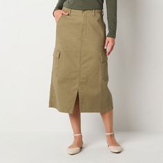 This a.n.a women's midi cargo skirt is the perfect blend of style and utility. Cut to a high-rise, it's made from comfortable stretch-cotton twill with a button-zip fly, multiple pockets, and a split at the front. Pair it with a blouse and heels or a t-shirt and sneakers.Front Style: Flat FrontClosure Type: Button & ZipperClosure Location: FrontPockets: 2 Back Flap Pockets, 2 Front Slip Pockets, 2 Cargo Side PocketsRise: High RiseApparel Length: 31 InchesFiber Content: 98% Cotton, 2% SpandexFabr Utility Skirt For Spring Workwear, Spring Utility Skirt For Workwear, Khaki Cotton Cargo Skirt For Fall, High Waist Cotton Pencil Skirt With Pockets, Utility Skirt With Pockets For Work, Utility Cotton Skirt For Fall, Cheap Forever 21 Skirt With Pockets, Relaxed Fit Pencil Skirt With Pockets For Fall, Cotton Pencil Skirt With Pockets For Work