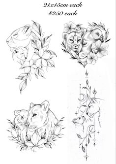 some tattoos with animals and flowers on them