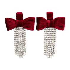 Discover the allure of our Red Velvet Bow Earrings, designed to captivate. Featuring a luxurious velvet bow and exquisite pave rhinestone tassels, these earrings are the epitome of elegance. Crafted with hypoallergenic posts, they offer both style and comfort. Measuring at 2 1/4" x 3 1/4", these earrings ensure a perfect fit. Arriving beautifully packaged on a Kraft card, they make a charming gift choice. From holiday celebrations to formal events, these earrings are a must-have accessory, addin Red Velvet Earrings, Red Ribbon Earrings, Christmas Bow Earrings, Festive Red Ruby Earrings, Velvet Earrings, Red Festive Holiday Earrings, Black Velvet Bow, Bow Earrings, Velvet Bow