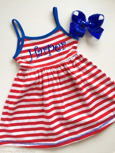 Patriotic Dress for girls in red, white and blue - soft knit dress with sizes 6m to girls 8 - Darling Little Bow Shop Cheap Patriotic Cotton Dresses, Patriotic Dresses, Blue Summer Dresses, Sequin Bow, Flattering Dress, Bow Shoes, Diy Candy, Girls Dresses Summer, Dress For Girls