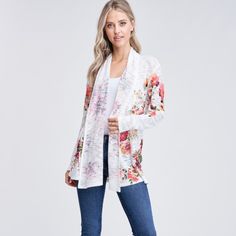 Beautiful Floral Open Front Cardigan That's Perfect For Everyday Wear! Made Of 95% Polyester 5% Spandex Model Is 5'10" Wearing A Size Small. Small 4/6 Sleeve Length 22" Cardigan Length 28" Medium 8/10 Large 10/12 All Sizes Are Approximate. More Measurements Available Upon Request. Bundle To Save! White Stretch Cardigan For Layering, Feminine White Cardigan For Fall, Spring Fitted Cardigan With Floral Print, Spring Fitted Floral Print Cardigan, Floral Print Cardigan For Spring Day Out, Floral Print Cardigan For Day Out In Spring, White Spring Cardigan For Layering, White Spring Cardigan For Day Out, Fitted Floral Print Casual Cardigan