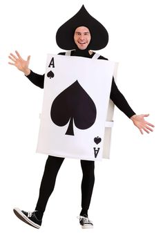 a man dressed as a card suit and holding up a sign with cards on it