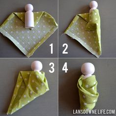 instructions to make an origami napkin with polka dot fabric and wooden pegs