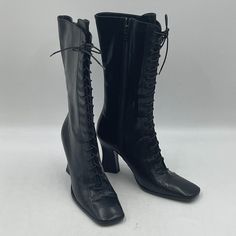 Brand New Black Lace-Up/Side Zipper Heeled Boots Size: 39 1/2 Suede High Heel Boots, Lace Up Heel Boots, Tall Heeled Boots, Victorian Boots, Shoes Prada, Zipper Heels, Shearling Boots, Black Suede Boots, Leather Riding Boots