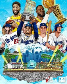 the los angeles dodgers are holding up their trophies in front of an image of cityscape