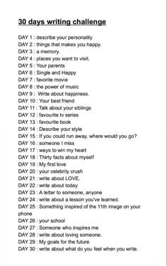 the 30 days writing challenge is shown in black and white, with text on it