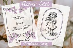 two flower girl cards with the words, will you be our flower girl?