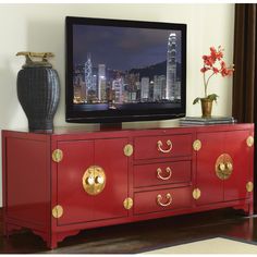 Red and gold tv stand Asian Tv Cabinet, Red Asian Furniture, Asian Inspired Living Room, Media Stands, Modern Entertainment Center, Asian Furniture, Lexington Home, Tv Stand Console, Entertainment Console