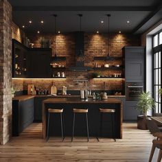 an open kitchen with brick walls and wooden floors, along with bar stools that match the hardwood flooring