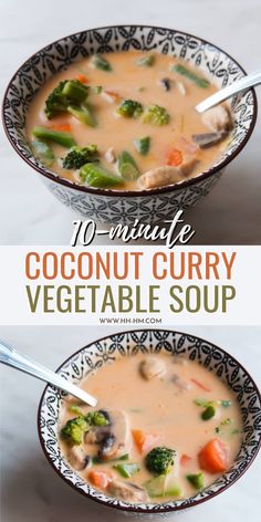 two bowls of coconut curry vegetable soup with broccoli and carrots in them