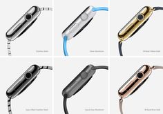 four different views of an apple watch with the same color band and metal clasps