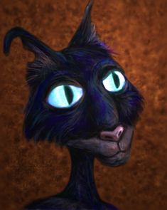 a painting of a black cat with blue eyes and an evil look on its face