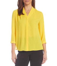 From Investments Petite, this blouse features:v-neckline 3/4 sleeveshidden button front closurepolyestermachine wash/tumble dry Imported. Button Front Top, Dillard's, Petite Size, Every Woman, Work Wear, Tunic Tops, Long Sleeve Blouse, Latest Trends, Clothing Accessories