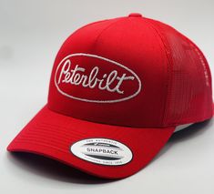 Peterbilt Diesel Trucker Hat Cap Flat Bill  Embroidered for Mens Hat Baseball Cap Gorra Red Curved  Box shipped Classic Red Hat With Curved Bill, Classic Red Curved Bill Hat, Red Sporty Trucker Hat With Curved Bill, Red Trucker Hat With Embroidered Logo And Curved Brim, Classic Red Trucker Hat, Red Trucker Baseball Cap Snapback, Retro Red Trucker Baseball Cap, Red 5-panel Trucker Hat, Red Trucker 5-panel Baseball Cap