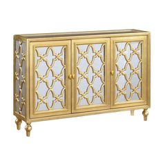 an ornate gold cabinet with mirrored doors