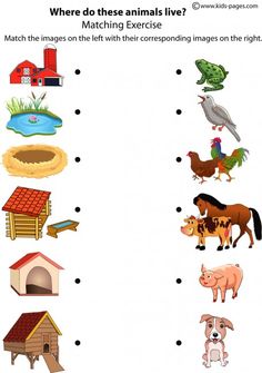 a worksheet with pictures of farm animals and their homes for kids to learn