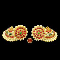 Design by Classical Dance Jewelry® ❥ Colorful and Designer traditional big pearl top and normal butta or jhumka Kemp temple Indian Jewelry Earrings in Red, Green stones combo ❥ Model no: EA-10 ❥ Age : 5 yrs and up ❥ You Can wear this set especially for Bharatnatyam And Kuchipudi Dance Performances and in Parties, Engagement, Weddings, Birthdays. ❥ Handmade Indian Item. ❥❥❥ Set includes ☛ Earrings pair ❇️ Imitation Jewelry by nature is little soft compared to real jewelry so little shape variatio Traditional Earrings For Puja And Festivals, Red Temple Jewelry Jhumkas For Puja, Ceremonial Temple Jewelry Bridal Earrings With Tilla, Traditional Bridal Earrings With Stone Work For Navratri, Temple Jewelry Bridal Earrings With Stone Work, Ceremonial Bridal Earrings With Tilla For Festivals, Temple Style Chandbalis With Zari Work For Puja, Ceremonial Temple Jewelry Chandbalis With Stone Work, Traditional Bridal Earrings For Ceremonial Festivals