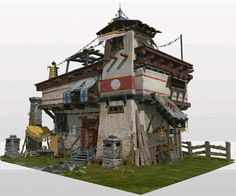 an old building with lots of decorations on the roof and side walls, sitting in a grassy area