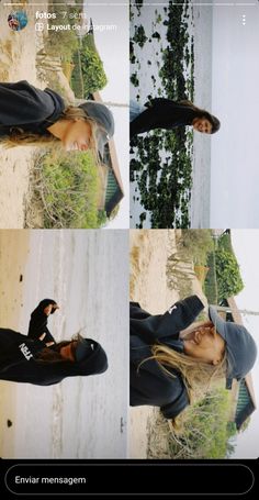 four pictures of a woman with long hair wearing black clothing and standing in front of water