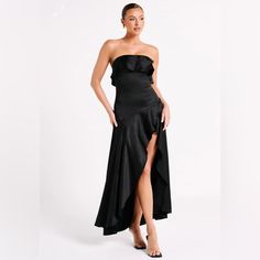 This Is A Strapless Midi Dress With A Straight-Cut Neckline, High-Low Skirt, And Ruffle Details. Never Worn With Tags Meshki Dresses, Ruffle Midi Dress, High Low Skirt, Strapless Midi Dress, Dresses Strapless, Womens Midi Dresses, Black Midi Dress, Straight Cut, Black Satin