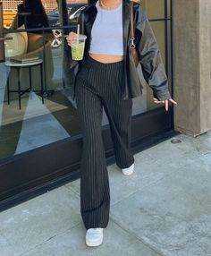 Pin Striped Pants Outfit, Pinstripe Pants Outfit Work, 90s Channel, Pin Stripe Pants Outfit, Stripped Pants Outfit, Striped Trousers Outfit, Pinstripe Pants Outfit, Leather Jacket Aesthetic, Vogue Lifestyle