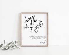 a black and white poster with the words bottle chug on it next to a plant