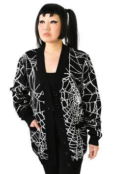 black unisex cardigan with all over white spider web design Long Oversized Cardigan, Weird Style, Web Patterns, Cape Jacket, Wardrobe Update, Oversized Cardigan, Jeans Size Chart, Grunge Style, Dark Fashion