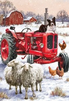 Vintage Tractor Sheep, Dog and Chickens Christmas Card Farm Christmas Pictures, Christmas On The Farm Pictures, Christmas In The Country, British Christmas Aesthetic, Christmas Farm Painting, Christmas On The Farm, Farm Christmas, Christmas Farm Animals, Farm Animal Christmas Pictures