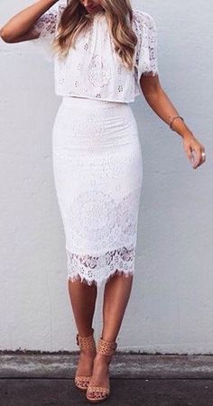 White Lace Pencil Skirt Outfit, White Lace Skirt Outfit Ideas, Lace Pencil Skirt Outfit, Religious Outfits, Baptism Outfit Women, Baptism Outfit, Summer Trends Outfits, Rock Outfit, Lace Pencil Skirt