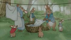 the three little rabbits are hanging out to dry their clothes in the woods, and one rabbit is looking on