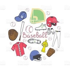 the word baseball surrounded by various sports items royalty - free stock photo, images and illustrations